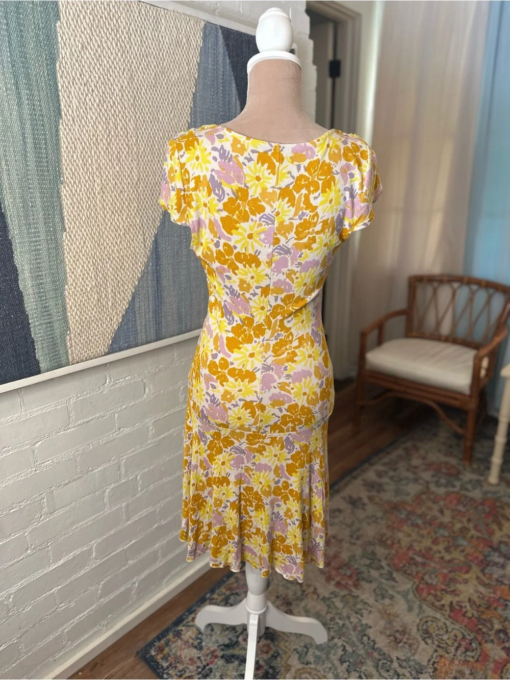 Free People Yellow and Purple Floral Ribbed Drop Waist Dress